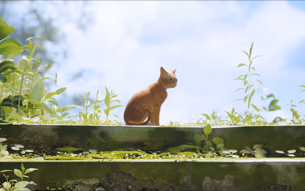 An orange cat sits on a mossy ledge surrounded by green plants and flowers.
