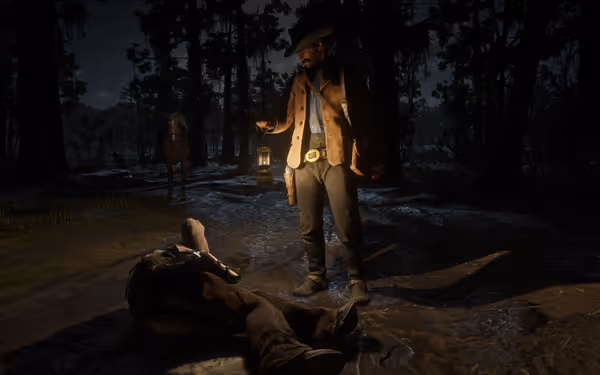 A man holding a lantern stands over a person lying on the ground in a dark forest.